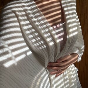 White Ribbed Open-Front Poncho